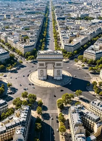 Champs-Elysees Aerial view of the Arc de Triomphe at the center of Place Charles‑de‑Gaulle, with twelve tree‑lined avenues.