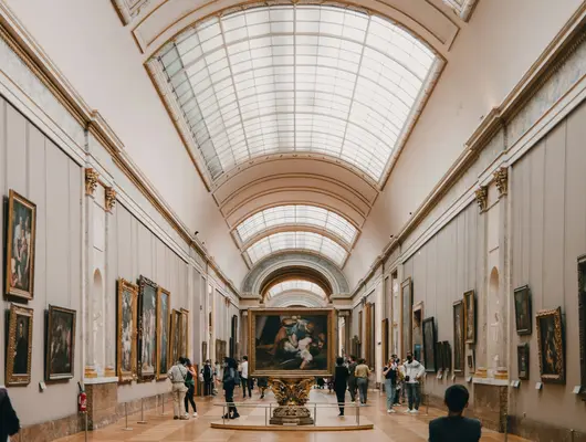 Louvre Museum Art gallery inside the Louvre Museum with a high glass ceiling, classical paintings, and visitors walking through the hall.